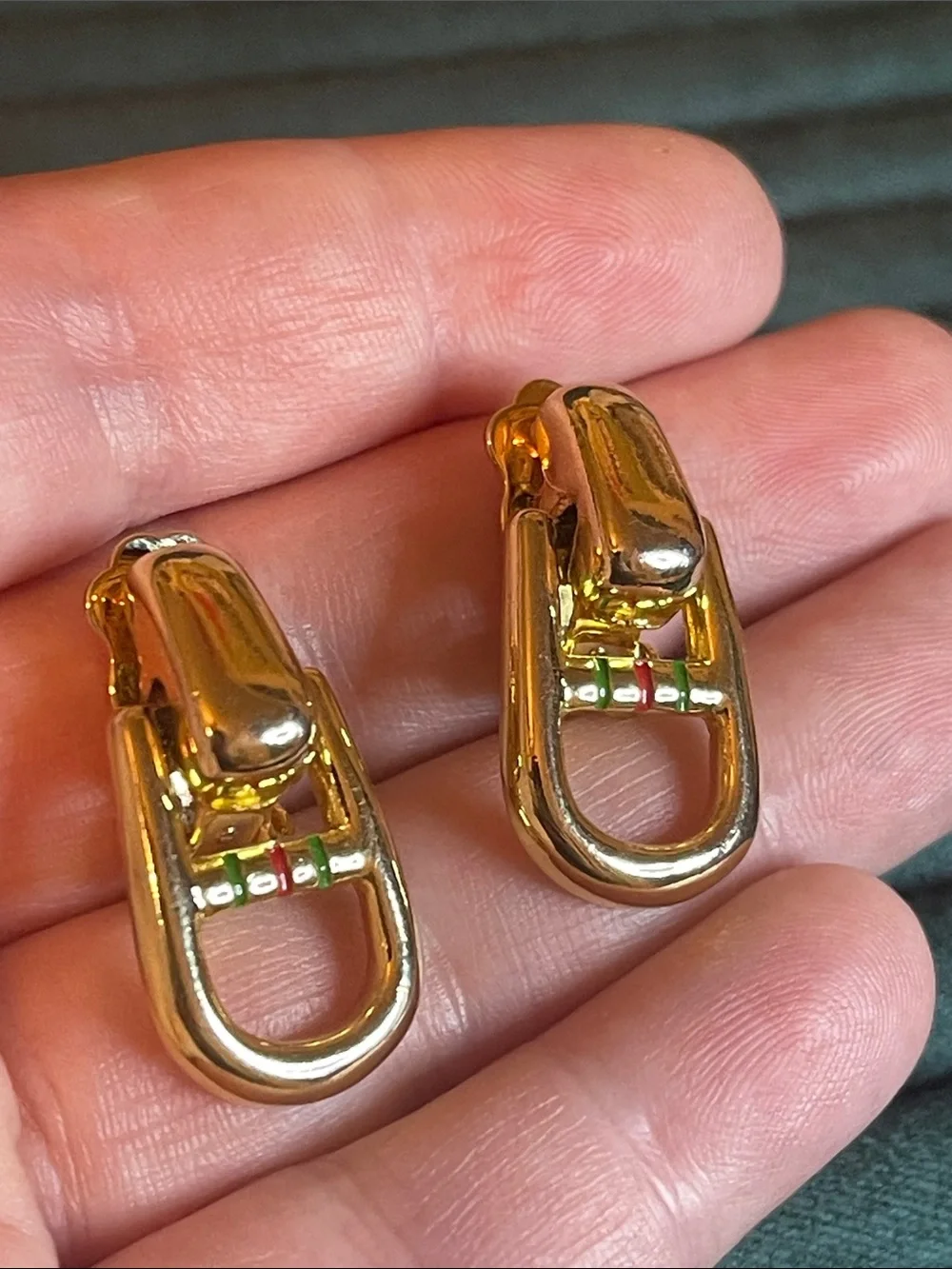 Vintage Paolo Gucci Stirrup Enamel Striped Door-Knocker Style Clip On Earrings